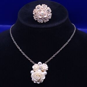 Vintage cluster of carved white rose and dahlia flowers Neclace and Ring Set